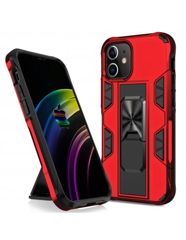 Coque antichoc iPhone 12 mini hybride avec support et partie métalllique pour aimant - Rouge