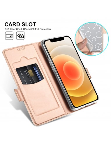 Etui iPhone 12 mini avec rangement carte avec coque silicone intégré - Rose