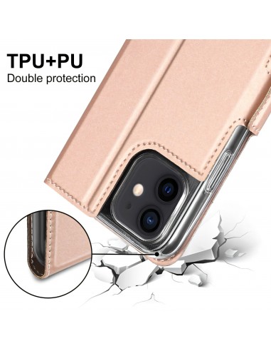 Etui iPhone 12 mini avec rangement carte avec coque silicone intégré - Rose