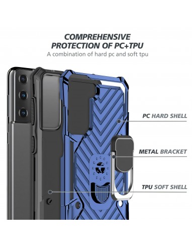 Coque antichoc Galaxy S21 Metal Hybride Armor avec anneau - Bleu foncé