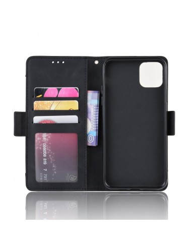 Etui portefeuille iPhone 12 mini avec coque silicone intégrée et multiple rangements cartes - Noir