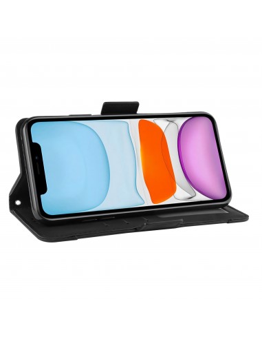 Etui portefeuille iPhone 12 mini avec coque silicone intégrée et multiple rangements cartes - Noir