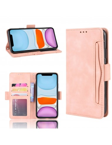 Etui portefeuille iPhone 12 mini avec coque silicone intégrée et multiple rangements cartes - Rose