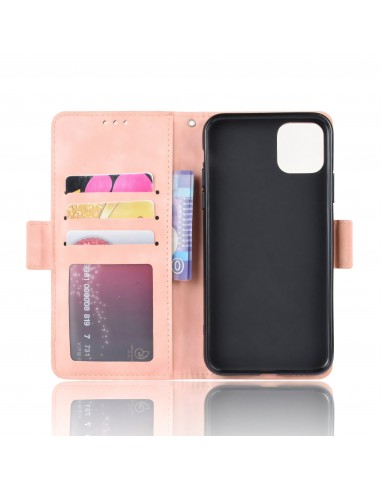 Etui portefeuille iPhone 12 mini avec coque silicone intégrée et multiple rangements cartes - Rose