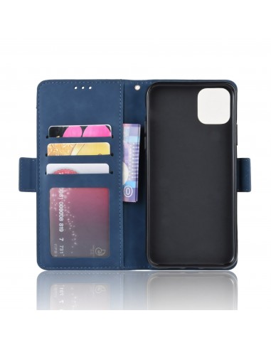 Etui portefeuille iPhone 12 mini avec coque silicone intégrée et multiple rangements cartes - Bleu foncé