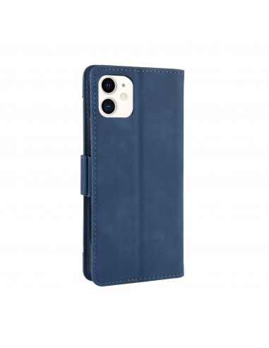 Etui portefeuille iPhone 12 mini avec coque silicone intégrée et multiple rangements cartes - Bleu foncé