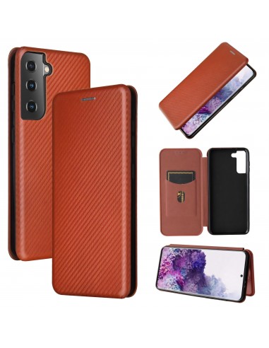 Etui de protection Galaxy S21 Style fibre de carbone avec rangement carte - Marron