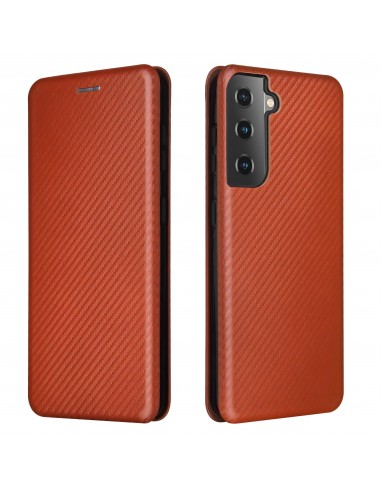 Etui de protection Galaxy S21 Style fibre de carbone avec rangement carte - Marron