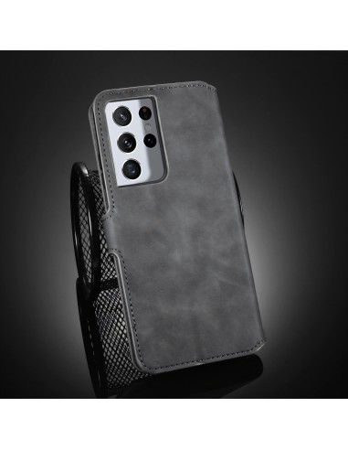 Etui portefeuille Galaxy S21 Ultra Style Retro avec rangements cartes - Gris