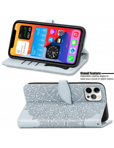 Etui iPhone 12 et 12 Pro avec rabat Mandala Gris