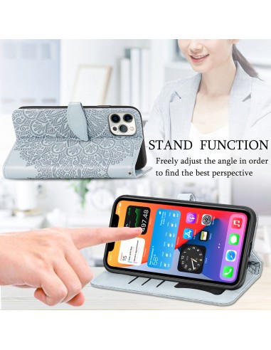 Etui iPhone 12 et 12 Pro avec rabat Mandala Gris