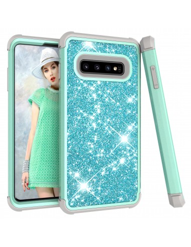 Coque antichoc hybride pour Galaxy S10 - Style paillettes Bleu ciel