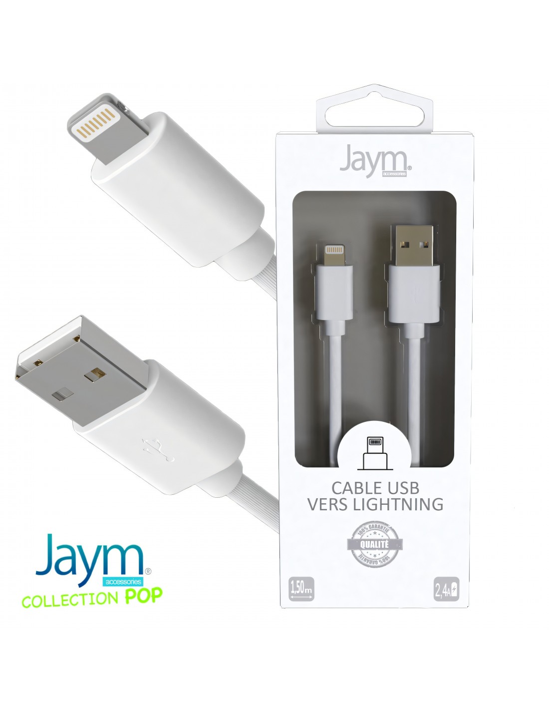 Cable USB vers lightning 1.5M 2.4A Blanc - JAYM® COLLECTION POP - All4iPhone