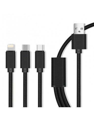 Cable USB Triplug 3-en-1 USB-A vers Micro-USB / USB-C / Lightning - NOIR 