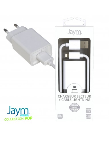 Pack chargeur secteur  1 USB 2.4A + Cable USB vers lightning 1.5M BLANC - JAYM® COLLECTION POP 