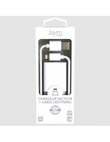 Pack chargeur secteur  1 USB 2.4A + Cable USB vers lightning 1.5M BLANC - JAYM® COLLECTION POP 