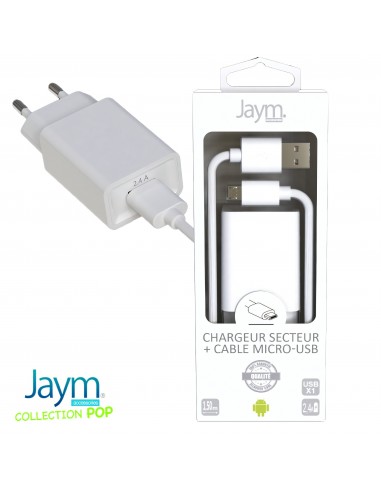 Pack chargeur secteur 1 USB 2.4A + Cable USB vers Micro-USB 1.5M BLANCS - JAYM® COLLECTION POP 