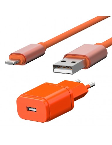 Pack chargeur secteur 1 USB 1A + Cable USB vers lightning 1,7M ORANGES - JAYM® COLLECTION POP** 