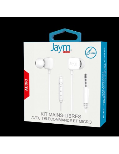 KIT PIETON ECOUTEURS INTRA-AURICULAIRE JACK 3.5 + TELECOMMANDE + MICRO BLANC - JAYM® 