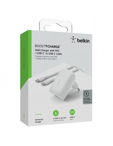 Pack Chargeur secteur Rapide USB-C 30W PD ET PPS avec Cable USB-C vers USB-C 1m BELKIN - Blanc