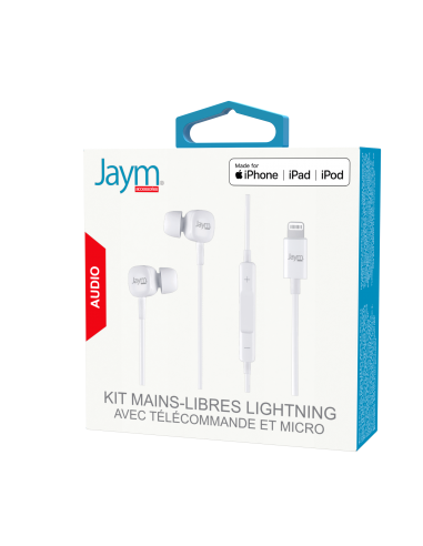 KIT PIETON ECOUTEURS INTRA-AURICULAIRE LIGHTNING (MFI) + TELECOMMANDE + MICRO BLANC - JAYM® 