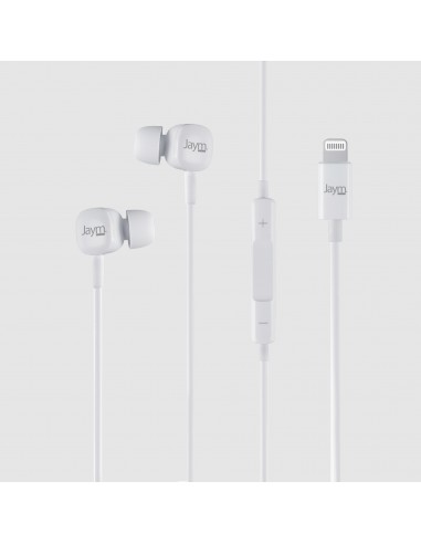 KIT PIETON ECOUTEURS INTRA-AURICULAIRE LIGHTNING (MFI) + TELECOMMANDE + MICRO BLANC - JAYM® 