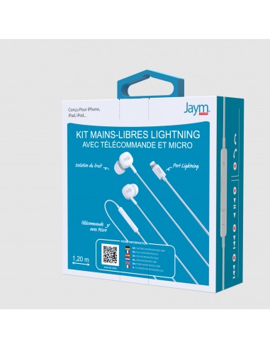 KIT PIETON ECOUTEURS INTRA-AURICULAIRE LIGHTNING (MFI) + TELECOMMANDE + MICRO BLANC - JAYM® 