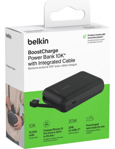 Batterie externe BELKIN 10000 mAh avec câble intégré | BoostCharge | Noir
