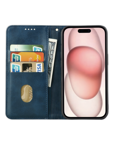 Etui Portefeuille iPhone 15 Simili-cuir avec rangement cartes Bleu