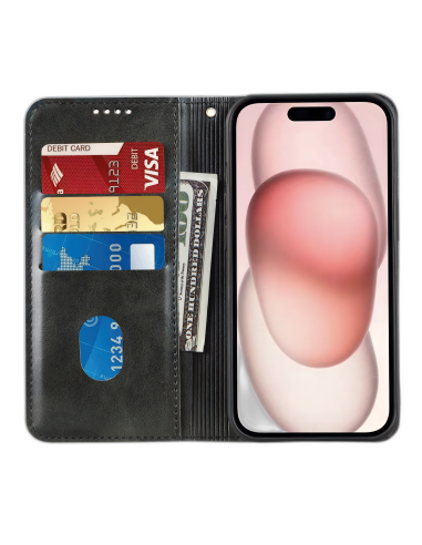 Etui Portefeuille iPhone 15 Pro Max Simili-cuir avec rangement cartes Noir
