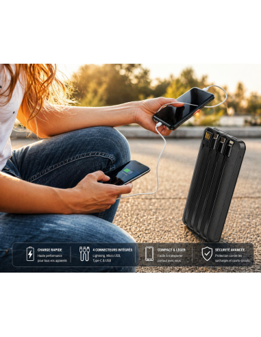 Batterie Externe Forever 10.000mAh Multi-embouts - USB-C, Lightning, Micro-USB - Noir TB-411